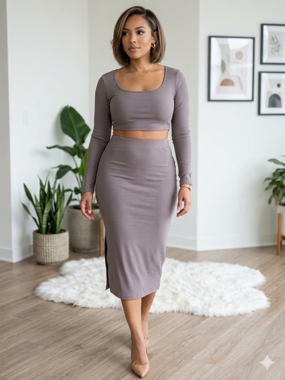 SHEIN Taupe Ribbed Long-Sleeve Cropped Top & Midi Skirt Set